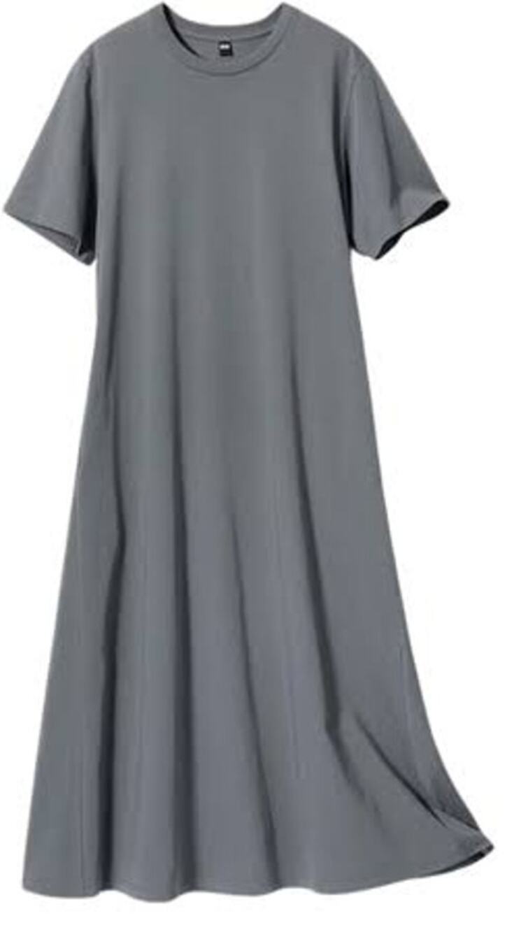 Uniqlo AIRism Gray Green Cotton Short Sleeve Midi A Line T-Shirt Dress Women S